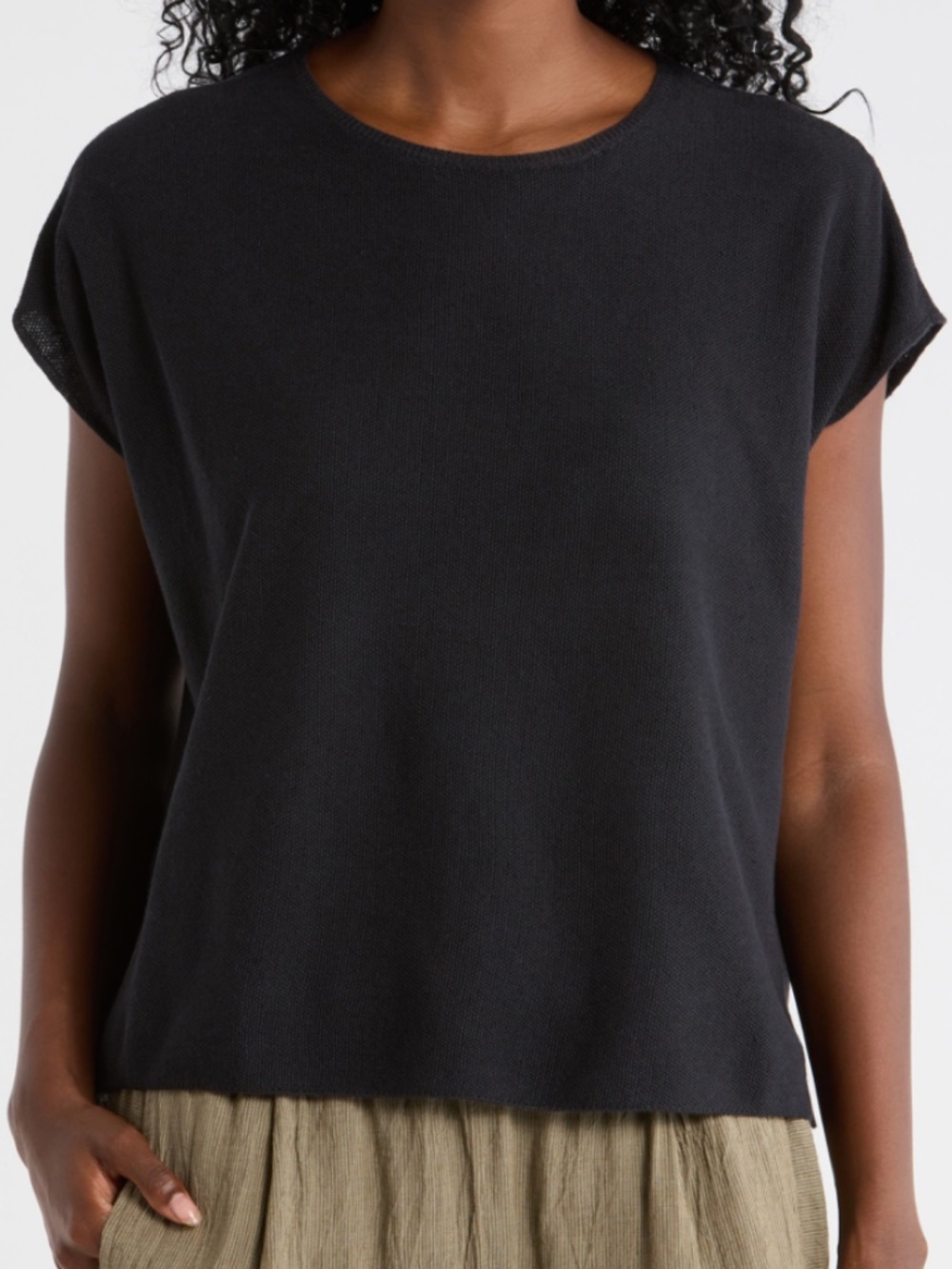 ❤️ Eileen Fisher Linen Cotton Sweater Fine Knit Top black short sleeve